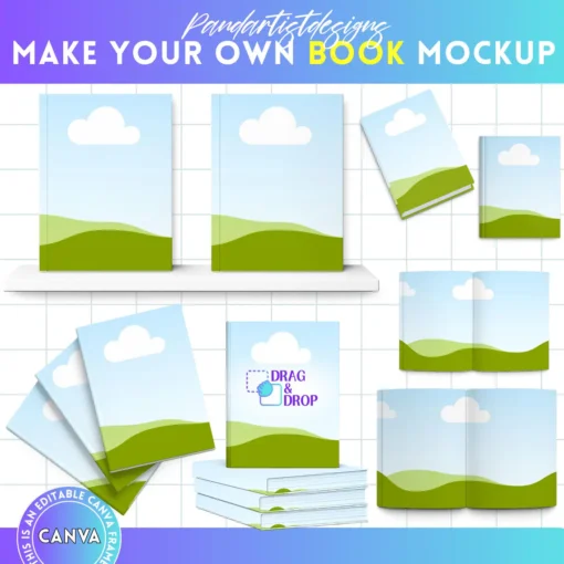 7 Book Mockups Editable Canva Template, Book Cover Mock-up, Drag & Drop, Canva Frame, Sublimation, Ebook Mockup, Open Book Display, Spine