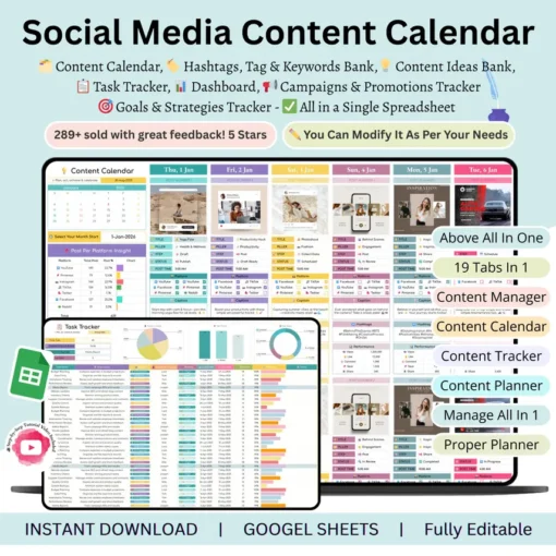 Content Calendar - content calendar spreadsheet - social media content calendar - social media calendar - social media content planner