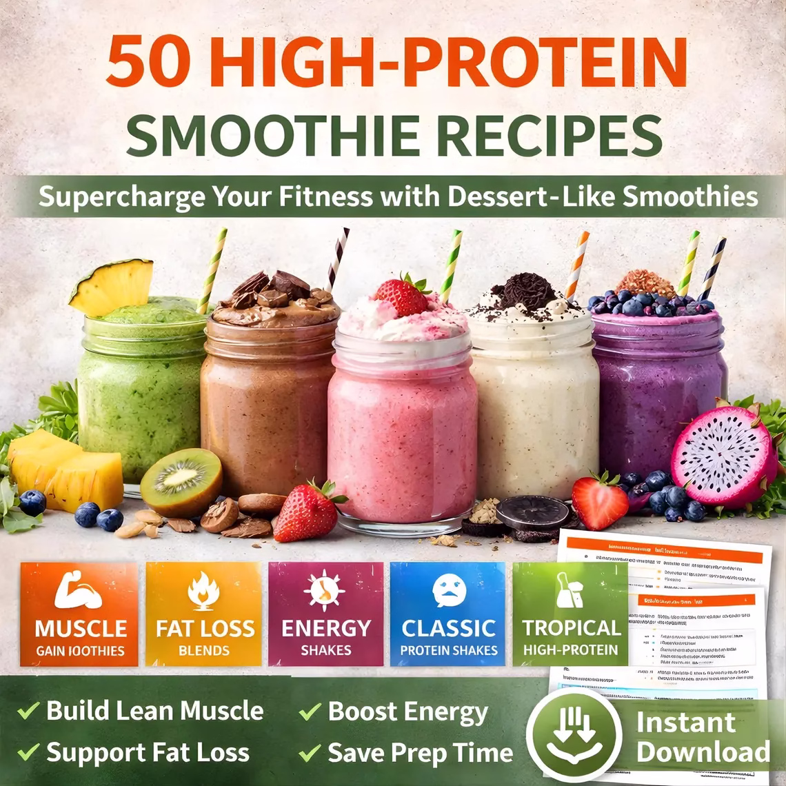 50 High Protein Smoothie Recipes, Muscle Gain Fat Loss Smoothie Guide, Fitness Recipe Ebook, Healthy Protein Shake Cookbook