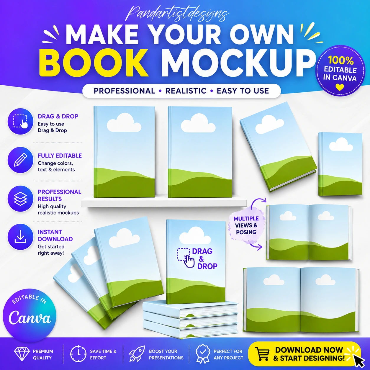 7 Book Mockups Editable Canva Template