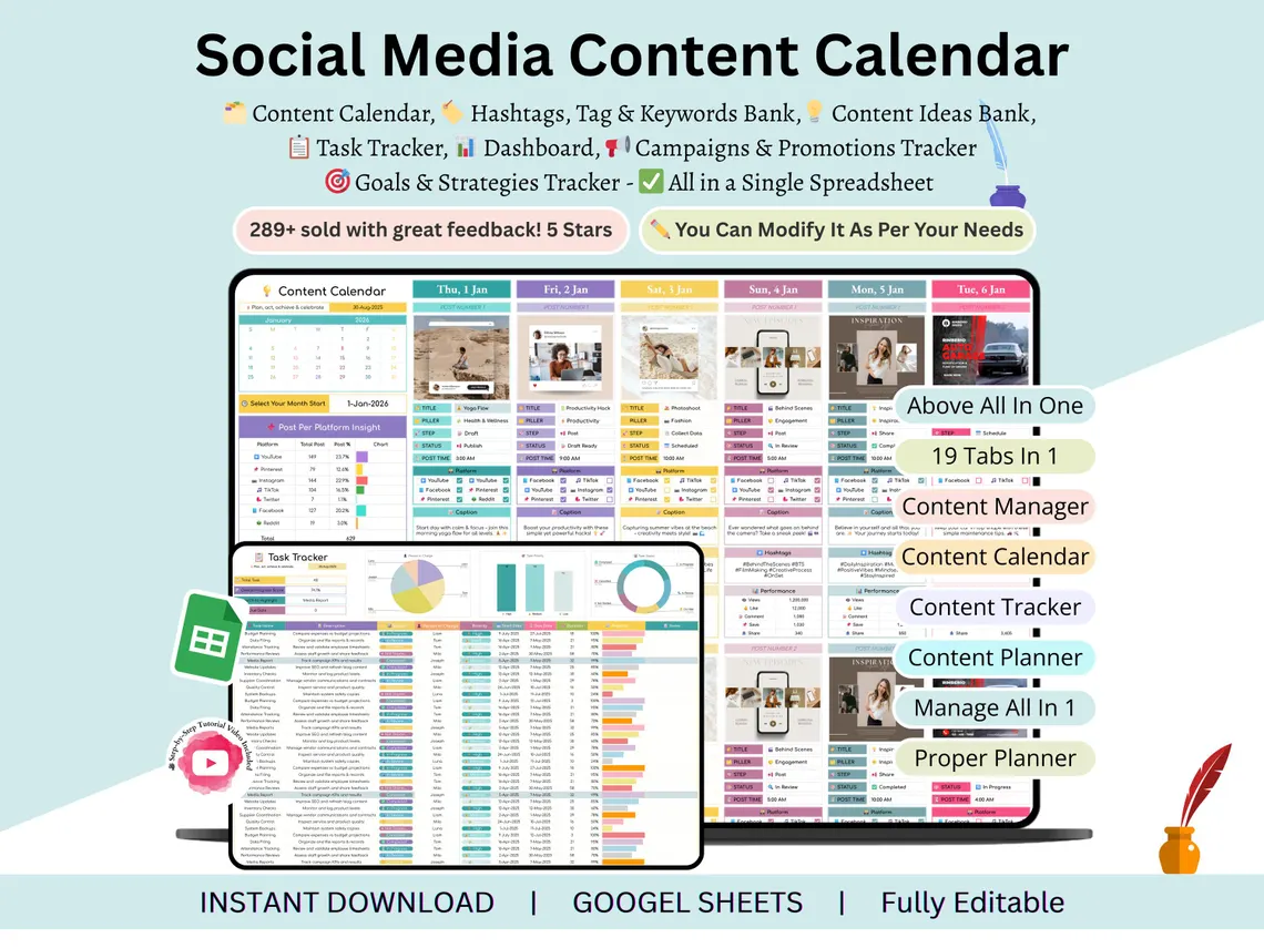 Content Calendar - content calendar spreadsheet - social media content calendar - social media calendar - social media content planner