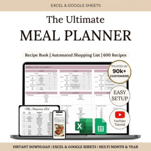 Weekly Meal Planner Spreadsheet Google Sheets & Excel Digital Template Automated Shopping List Food Prep Printable Digital Meal Planner