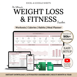 Weight Loss & Fitness Tracker  Google Sheets  Calorie Tracker  Meal Planner  Habit Tracker  Digital Workout Planner