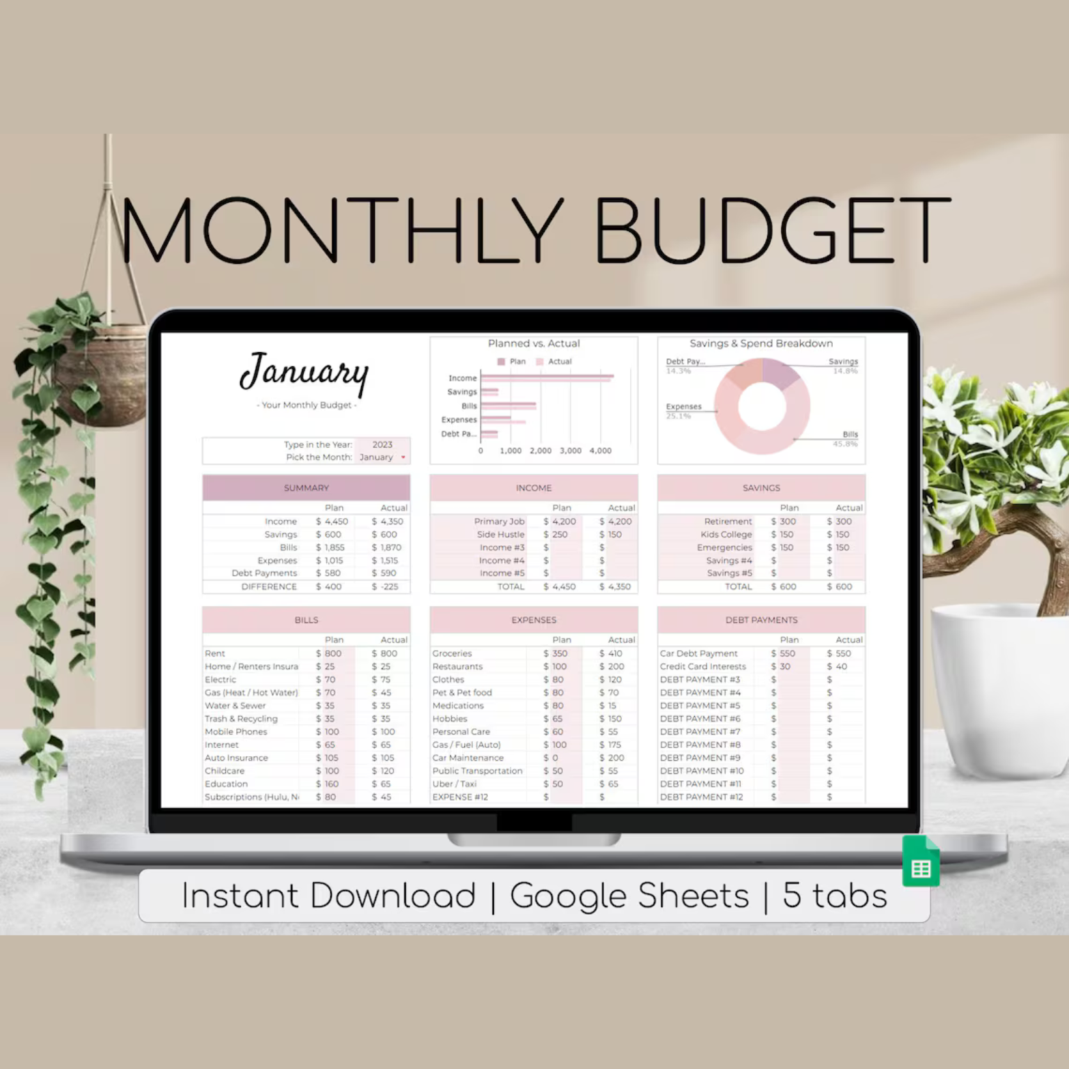 Monthly Budget Spreadsheet | Blush Pink Palette | Simple Annual Budget | Personal Finances | Easy Google Sheets | Financial Planner Easy