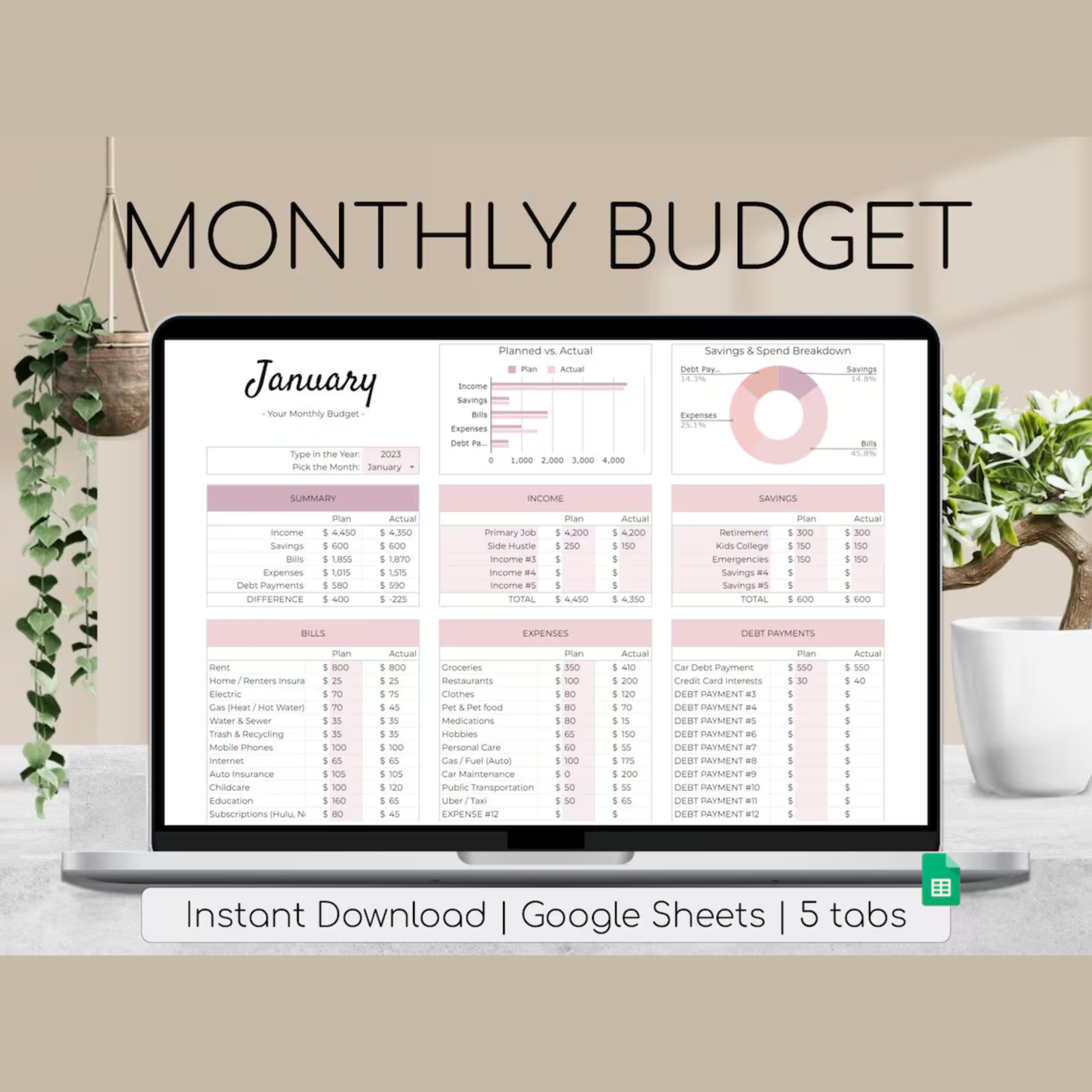 Monthly Budget Spreadsheet | Blush Pink Palette | Simple Annual Budget | Personal Finances | Easy Google Sheets | Financial Planner Easy