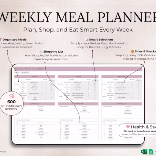 Alternative view of Weekly Meal Planner Spreadsheet Google Sheets & Excel Digital Template Automated Shopping List Food Prep Printable Digital Meal Planner