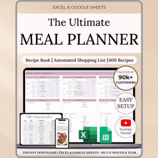 Weekly Meal Planner Spreadsheet Google Sheets & Excel Digital Template Automated Shopping List Food Prep Printable Digital Meal Planner