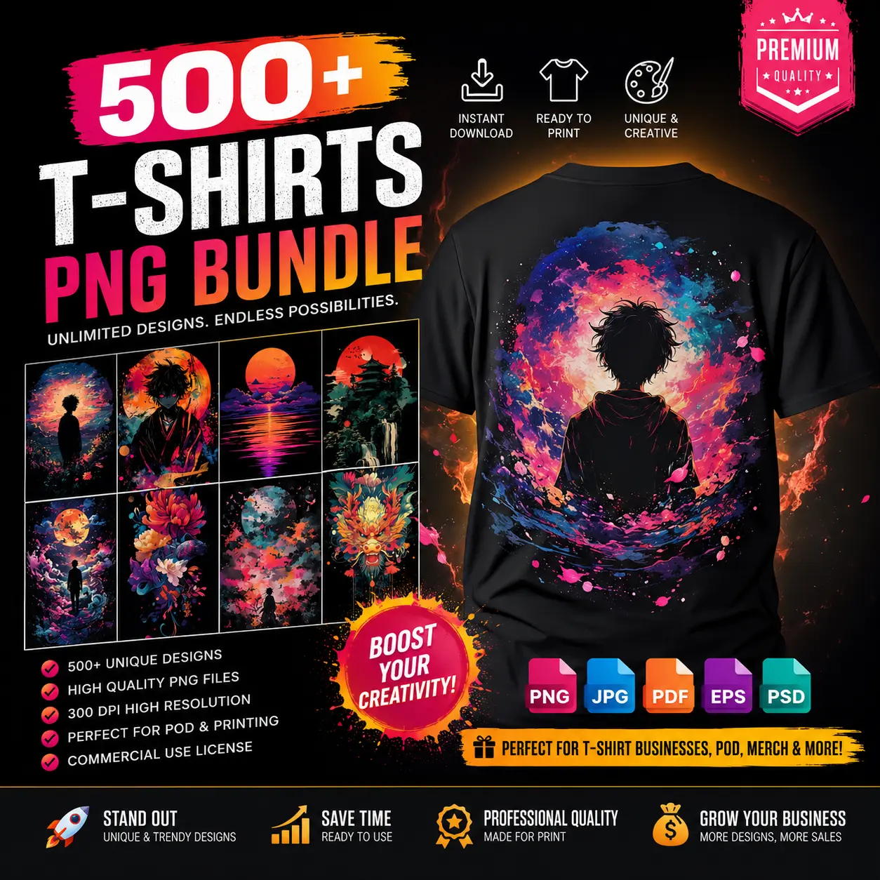 500+ T-Shirts PNG Design Bundle, Retro Sunset, Nature Scenery and Popular Anime Characters, Digital Download
