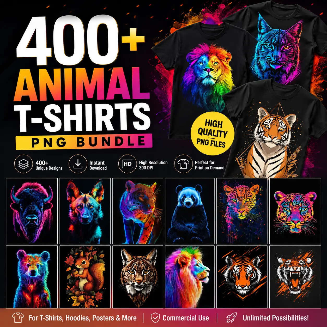 400+ Animal T-Shirt Designs PNG Bundle, 3D Lion, Tiger and more Animals Graphics, Digital Download
