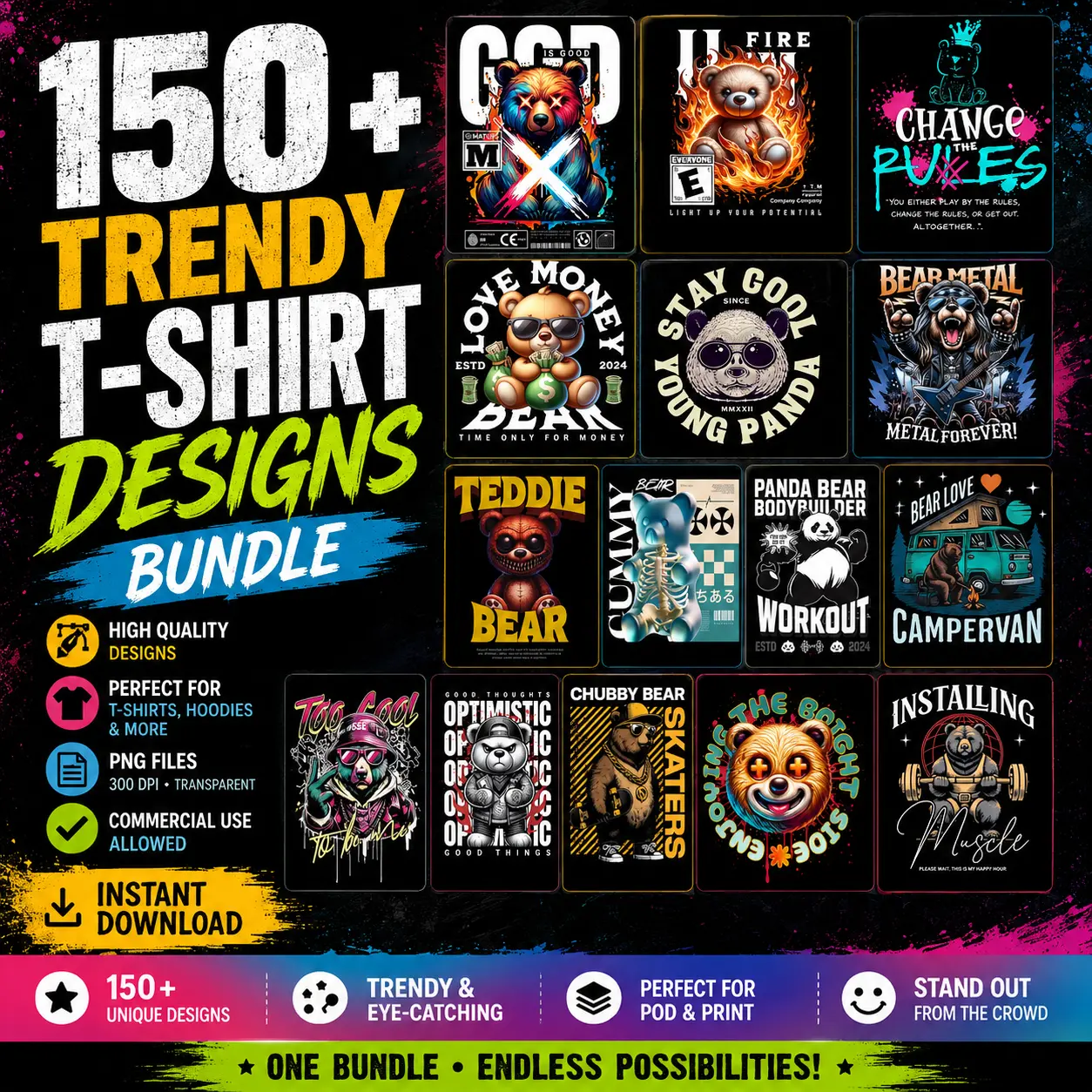 Urban Teddy Bear T-Shirt Designs Bundle (PNG)